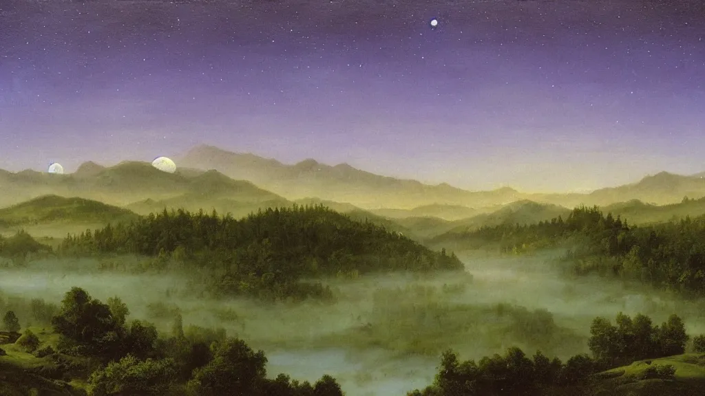 Prompt: The most beautiful panoramic landscape, oil painting, where the mountains are towering over the valley below their peaks shrouded in mist. The moon is high in the sky producing a warm glow and the sky dark purple and filled with stars and cirrus clouds. The river is winding its way through the valley and the trees are vivid green, by Greg Rutkowski, aerial view