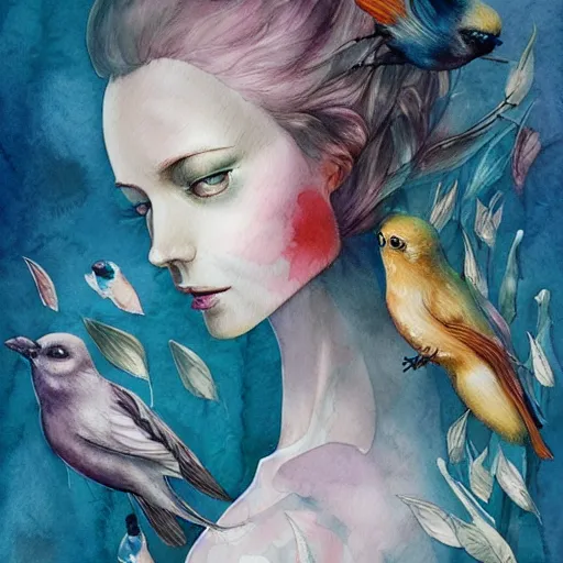 Prompt: watercolor woman with birds by anna dittmann, by marco mazzoni