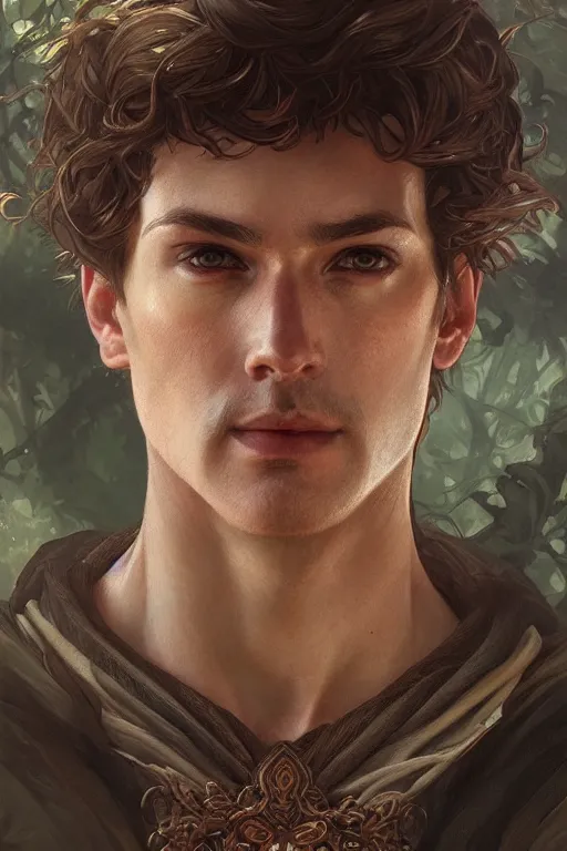 Prompt: up close portrait of a male wood fae, d & d, face, fantasy, intricate, elegant, highly detailed, digital painting, artstation, concept art, smooth, sharp focus, illustration, art by artgerm and greg rutkowski and alphonse mucha