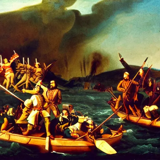 Image similar to washington crossing the delaware on a lava river in hell