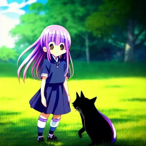 Prompt: A cute little anime girl with long indigo colored hair, wearing a school soccer uniform, in a large grassy green field, petting a cat, shining golden hour, she has detailed black and purple anime eyes, extremely detailed cute anime girl face, she is happy, child like, Japanese shrine in the background, Higurashi, black anime pupils in her eyes, Haruhi Suzumiya, Umineko, Lucky Star, K-On, Kyoto Animation, she is smiling and happy, tons of details, stretching on the grass