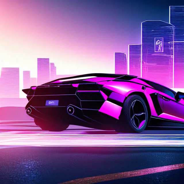 Prompt: epic digital art of faint tall mountains in background,, photorealistic synthwave lamborghini driving through futuristic city towers with glowing edges, wlop, pixiv