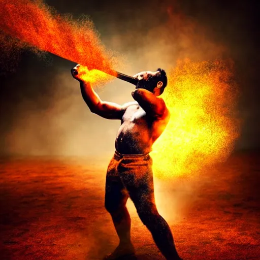 Image similar to a very strong blacksmith swinging his hammer he is made of psychedelic dust clouds dancing in the wind, hyper realistic, roaring fire, midday, realistic lighting, psychedelic dust, psychedelic dust, psychedelic dust, Very strong Blacksmith, photo realistic, 4k
