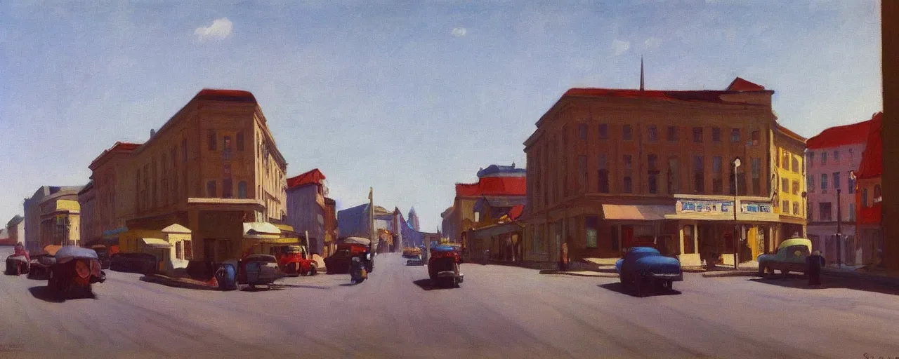 Prompt: an edward hopper style painting of a busy road of ( ( ( ( ( ( ( ( gyor ) ) ) ) ) ) ) ), a small town in hungary on monday may of 1 9 6 2
