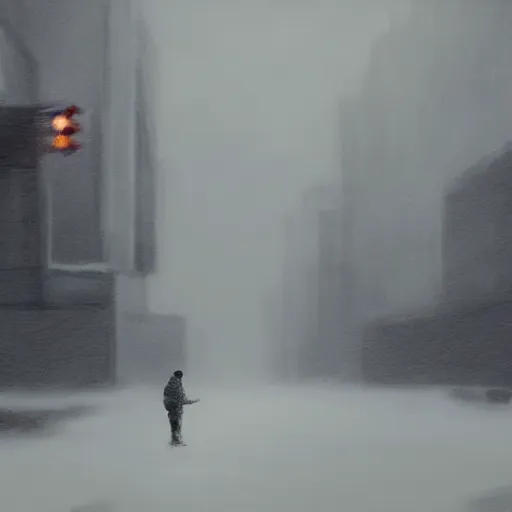 Prompt: a painting of a man wandering alone in a whiteout blizzard, Trending on artstation, by greg rutkowski and bob ross, theme of sadness and dispair.