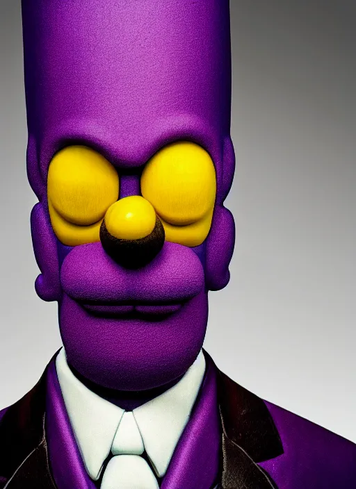 Image similar to platon closeup photograph of homer simpson in a purple suit, photorealistic, studio lighting, ektachrome, detailed, intricate, face detail