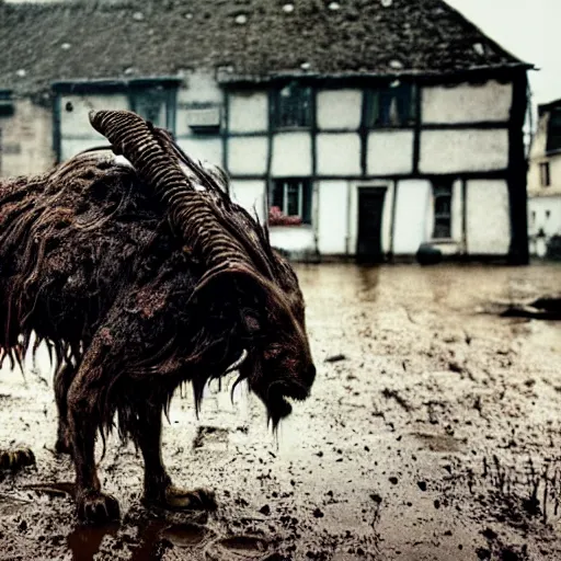 Prompt: horror, moody, still from film, daytime, muddy village square, wide shot, roaring mutant goat monster, powerful and huge, creeping on legs with hands instead of feet, filthy jagged teeth in gaping mouth, matted brown fur, in muddy medieval village square