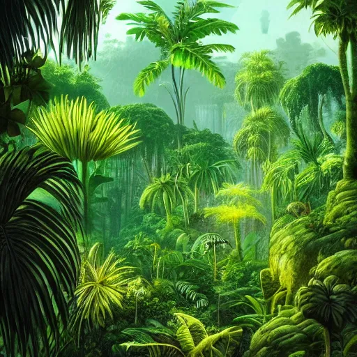 Prompt: « detailed, jungle with low luminosity, far view, luminescent plants »