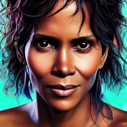 Image similar to photorealistic halle berry. hyperdetailed photorealism, 1 0 8 megapixels, river, amazing depth, glowing rich colors, powerful imagery, psychedelic overtones, 3 d finalrender, 3 d shading, cinematic lighting, artstation concept art