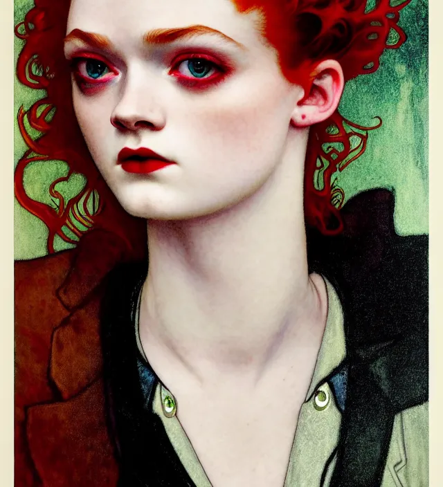 Image similar to sadie sink stunning portrait of highly details androgynous ruby rose as desire from sandman, rockabilly style, white suit and black tie,, by egon shiele and alphonse mucha, with influence of jeremy mann, peter lindbergh, dave mckean, maurice sapiro, and frank moth, soft lightning, highly detailed, 8 k