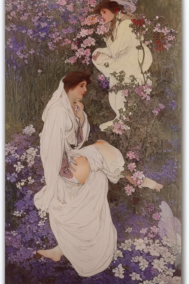 Image similar to atmospheric painting of a fairy in a robe made of flowers, sitting next to a lake by Alphonse Mucha