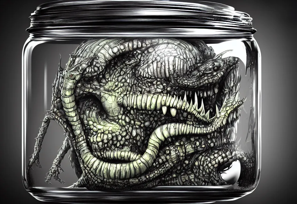 Image similar to Photorealistic miniature monster inside a jar on clean background by H.R. Giger, KDA and Sam Yang, trending on artstation