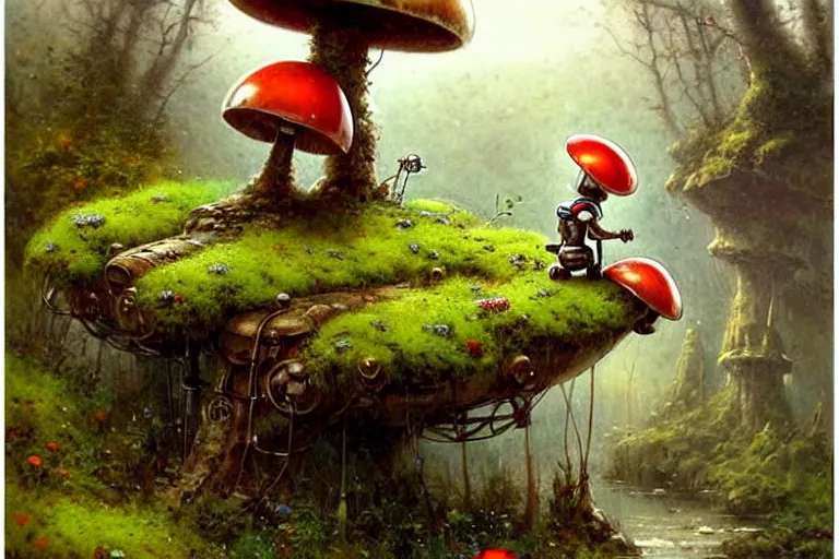 Image similar to adventurer ( ( ( ( ( 1 9 5 0 s retro future robot android mouse in forrest of giant mushrooms, moss and flowers stone bridge. muted colors. ) ) ) ) ) by jean baptiste monge!!!!!!!!!!!!!!!!!!!!!!!!! chrome red