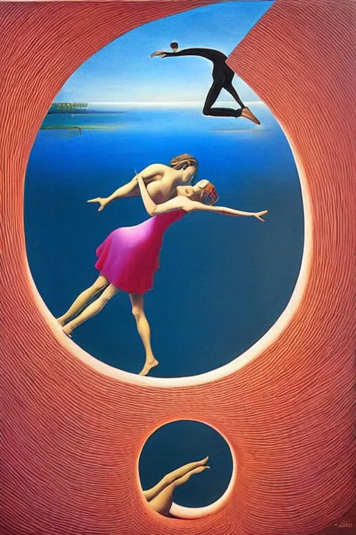 Image similar to optical illusion painting of a couple dancing in a worm hole, illusionism, mind blow, by leandro erlich and salvador dali, detailed