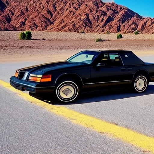 Image similar to a black 1990 Thunderbird super coupe driving on a desert highway