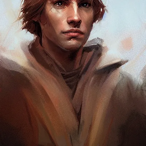 Image similar to portrait of a man by greg rutkowski, jedi knight owen skywalker, messy copper hair, jedi robes, star wars expanded universe, he is about 2 0 years old, wearing jedi robes, highly detailed portrait, digital painting, artstation, concept art, smooth, sharp foccus ilustration, artstation hq