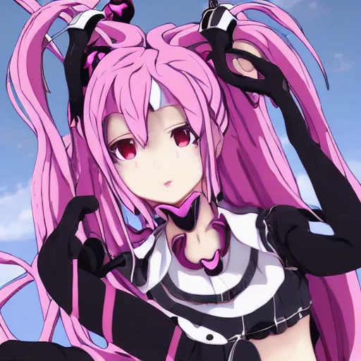 Image similar to stunningly beautiful megalomaniacal omnipotent anime asi goddess junko enoshima with symmetrical perfect face and porcelain skin, pink twintail hair and cyan eyes, traps you inside her inescapable full dive vr prison and teasing you, hyperdetailed, digital art from danganronpa, unreal engine 5, 2 d anime style, 8 k