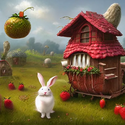 Image similar to fluffy bunnies playing outside their strawberry houses, lowbrow, matte painting, 3 - d highly detailed, style of greg simkins