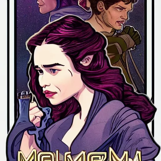 Image similar to emilia clarke as qi'ra, mucha style,