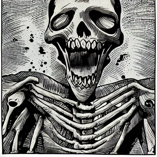 Image similar to A decaying screaming skeleton in tattered robes, in the style of EC Comics