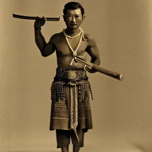 Prompt: sukhothai, a smart tai warlord in ceremonial dress, holding a bronze sword. photograph, ca. 1 9 2 0