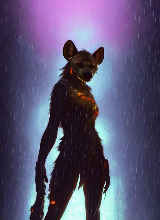 Image similar to beautiful full-body portrait commission of a [female furry anthro!!! spotted hyena fursona] [wearing jedi robes] [in a cyberpunk city at night in the rain]. Neon light. Atmospheric. Renowned character illustration by greg rutkowski, thomas kindkade, alphonse mucha, loish, norman rockwell. detailed, dungeons and dragons character art