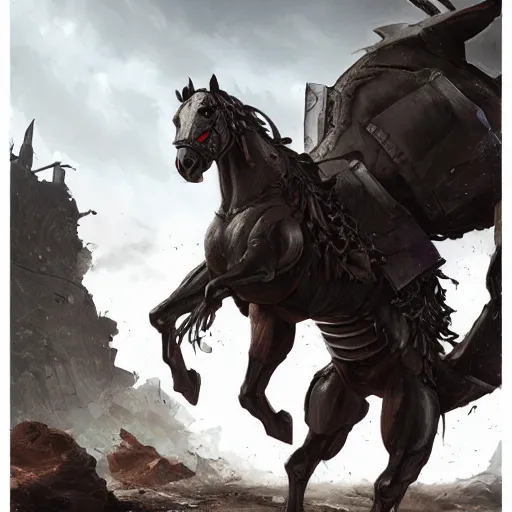 Image similar to a dark anthropomorphized horse with gargantuan muscles wearing a tight kevlar battle outfit in rubble, equine, anthro art, furaffinity, highly detailed, digital painting, artstation, sharp focus, game art, concept art, illustration, art by artgerm, greg rutkowski, wlop