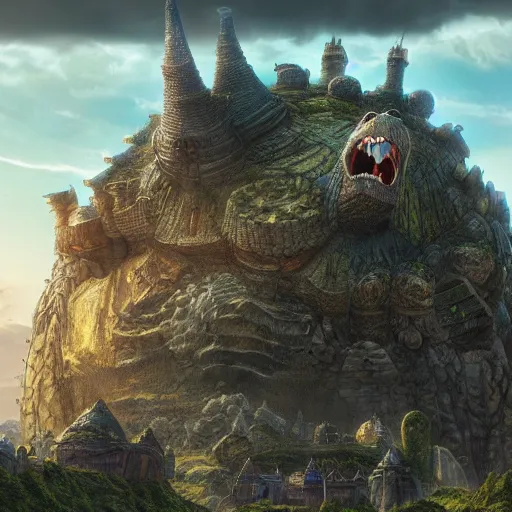 Image similar to large fantasy castle rising from the top of a giant tortoise, towering over a harsh barren wasteland, howls moving castle, mortal engines, kaiju, distant - mid - shot, fantasy, hyper detailed, 4 k