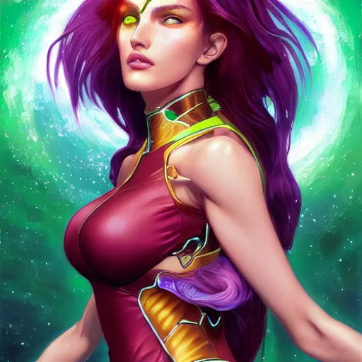 Image similar to ultra realistic illustration, bella thorne as starfire anime with glowing green eyes, intricate, elegant, highly detailed, digital painting, artstation, concept art, smooth, sharp focus, illustration, art by artgerm and greg rutkowski and alphonse mucha