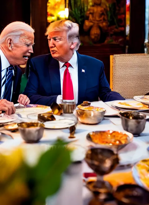 Image similar to Trump and Biden having dinner at a fancy Balinese restaurant, award winning photography, sigma 85mm Lens F/1.4, blurred background, perfect faces