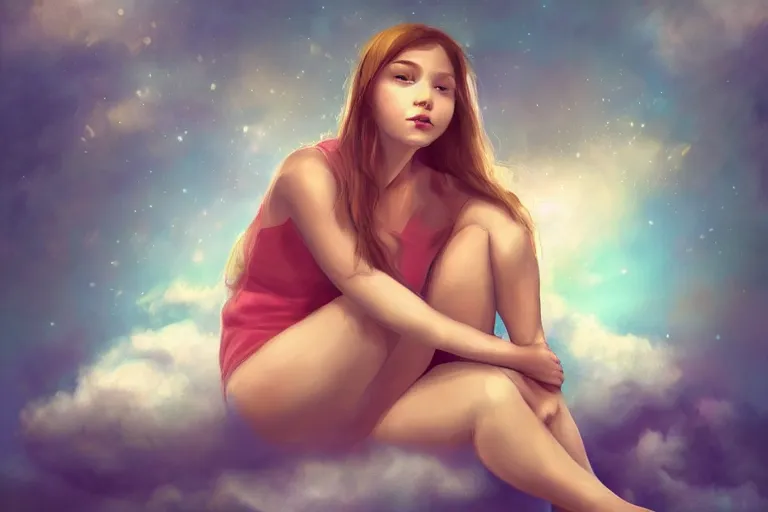 Prompt: a cute beautiful girl sitting on a cloud relaxing, digital painting, portrait, fish eye lens,