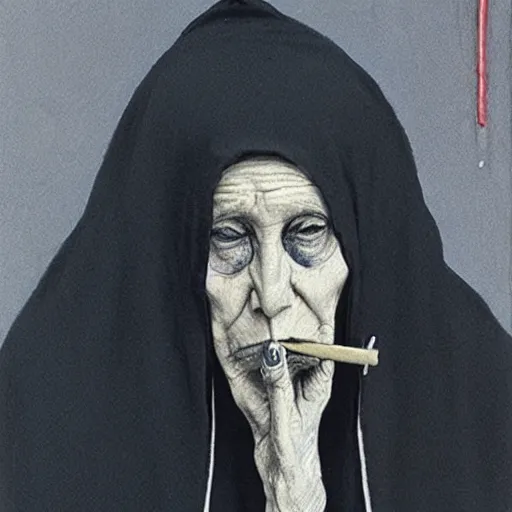 Prompt: a nun smoking a joint and puffing lots of smoke, her face is shadowed, minimalistic background, by Beksinski