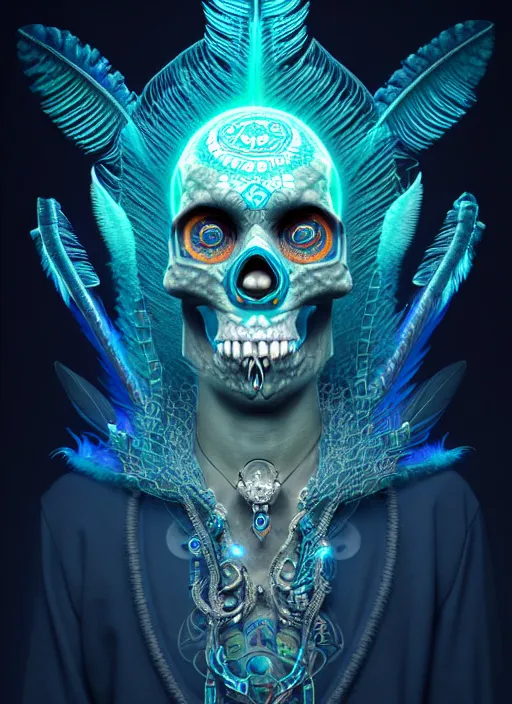 Prompt: 3 d shaman with tattoos profile portrait, sigma 5 0 0 mm f / 5. beautiful intricate highly detailed quetzalcoatl skull and feathers. bioluminescent, plasma, frost, water, wind, creature, gradient background, thunderstorm! artwork by tooth wu and wlop and beeple and greg rutkowski, 8 k trending on artstation,