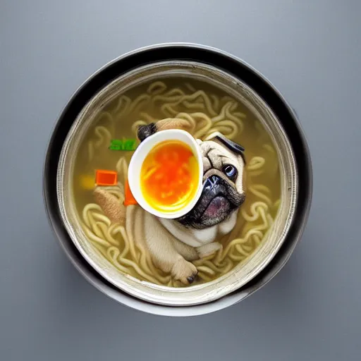 Prompt: An adorable pug sitting in a pot of ramen noodle soup atop a stove, high resolution photograph