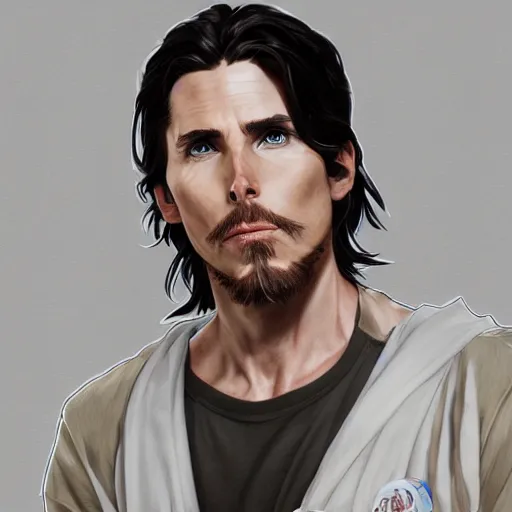 Image similar to anime Portrait of Christian Bale, intricate, wild, highly detailed, digital painting, artstation, concept art, smooth, sharp focus, illustration, art by artgerm and greg rutkowski and alphonse mucha and Hajime Sorayama