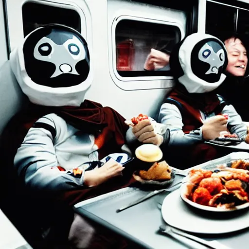 Image similar to lomo astronaut having dinner with cocacola in train