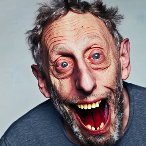 Image similar to michael rosen unhinging his jaw to eat five hundred chocolate cakes photorealistic