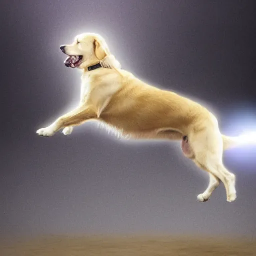 Prompt: the spirit of a dog levitating from his body, mystical light lighting him up, magical dust