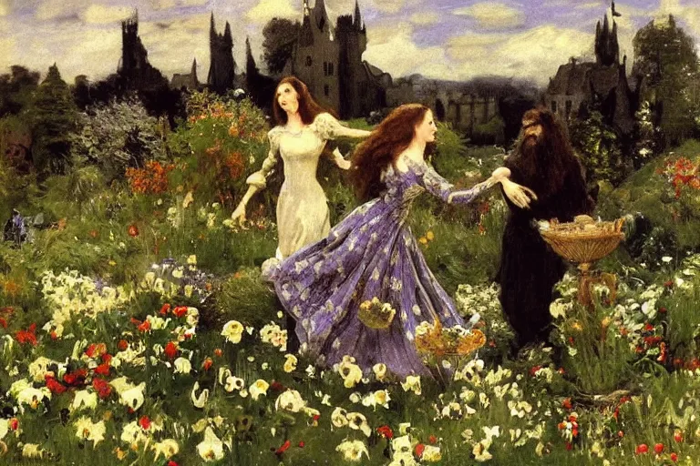 Image similar to hagrid the viking and morticia addams frolicking in a field of various flowers, fairy garden, masterpiece, highly detailed, oil on canvas, art by walter sickert, john singer sargent, and william open