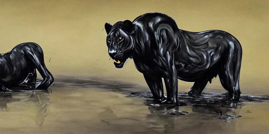 Image similar to a black lioness, made of smooth black goo, bathing inside the lake of black goo, viscous, sticky, full of tar, covered with black goo. painting, concept art, realism, animal drawing, color, savanna, wildlife photography, black goo