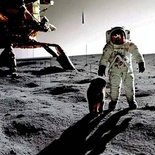 Image similar to an astronaut walking a Bernese Mountain Dog puppy on the moon