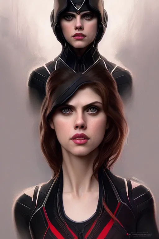 Image similar to alexandra daddario as black widow, realistic portrait, symmetrical, highly detailed, digital painting, artstation, concept art, smooth, sharp focus, illustration, cinematic lighting, art by artgerm and greg rutkowski and alphonse mucha