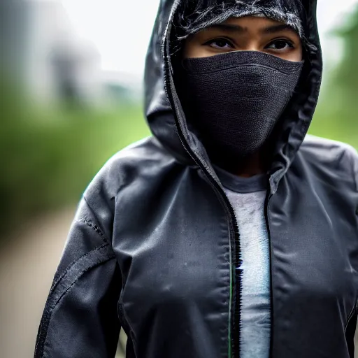 Image similar to photographic portrait of a poor techwear mixed woman, closeup, sigma 85mm f/1.4, 4k, depth of field, high resolution, 4k, 8k, hd, full color