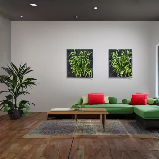 Prompt: : modern art studio with absract painting on the wall plants in the room exotic architecture cg society high definition 8k hyper-realistic