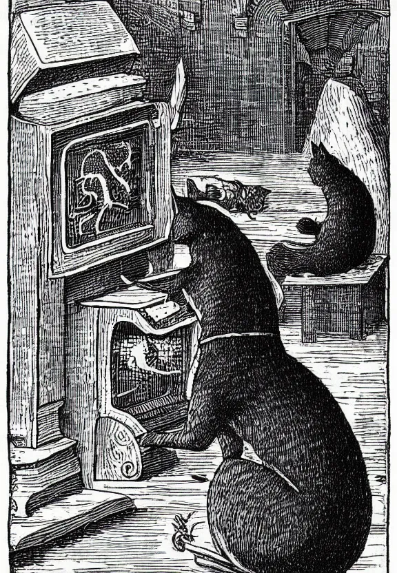 Image similar to [Dark medieval illustration of a cat watching youtube on a computer]