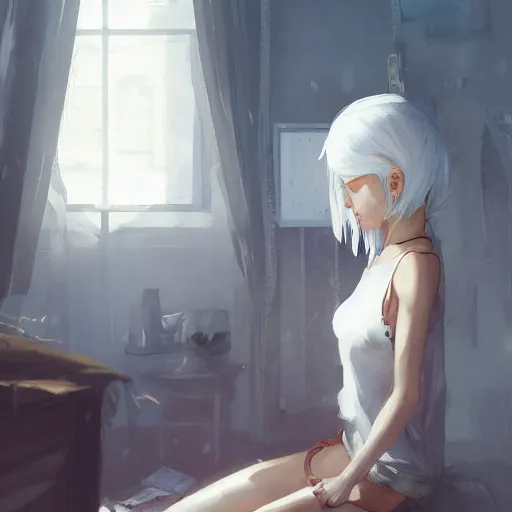 Image similar to a young girl white hair in front of a fan of her bedroom, in a heat day, by dustin nguyen, akihiko yoshida, greg tocchini, greg rutkowski, cliff chiang, 4 k resolution, trending on artstation