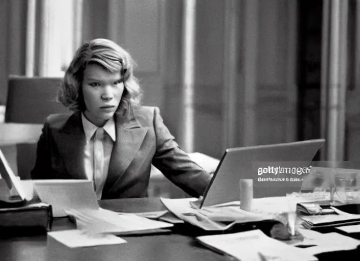 Prompt: A movie still of Lea Seydoux as Secretary of State in 1976 thriller movie.