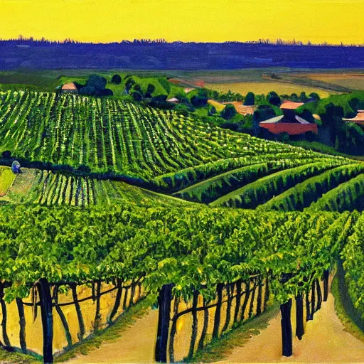 Image similar to solarpunk dreaming csaterberg wineyards, painted by Alex Katz, highly detailed