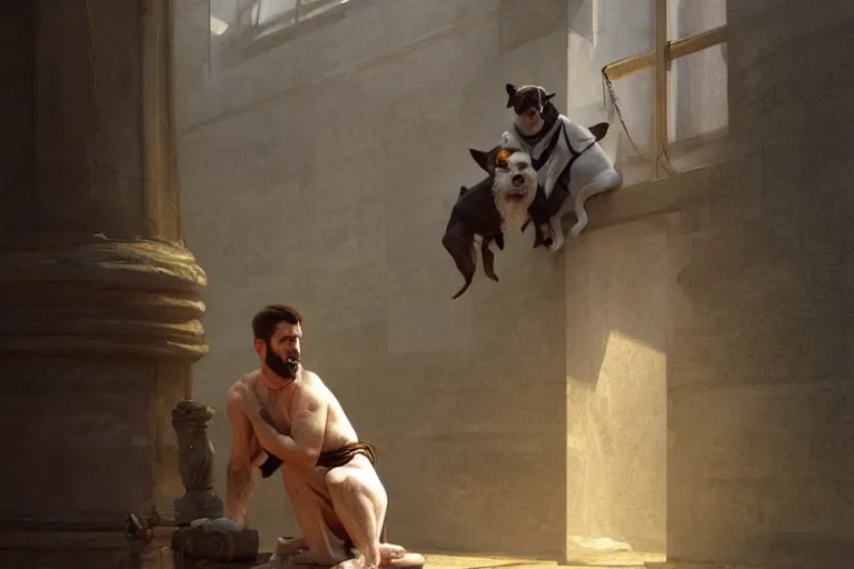 Image similar to a man tied to a pillar and jack russel terrier pissing on him, highly detailed, hyperrealistic digital painting, artstation, concept art, smooth, sharp focus, illustration, cinematic lighting, art by artgerm and greg rutkowski and alphonse mucha