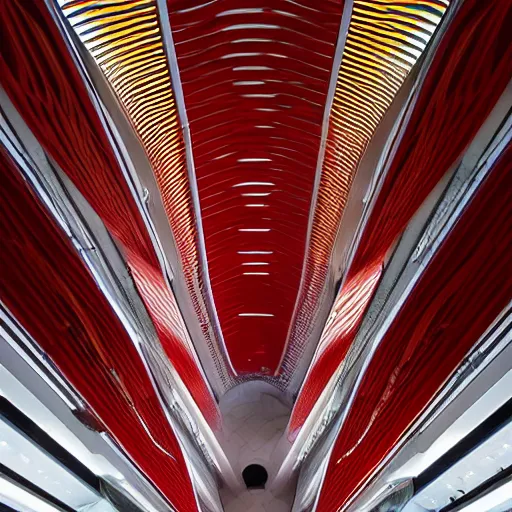 Image similar to futuristic space station with gold, red and white marble panels, by santiago calatrava, intricate contemporary architecture, photo journalism, photography, cinematic, national geographic photoshoot